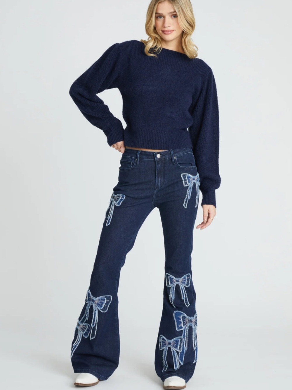 Driftwood Women's Farrah x Bow What Fun Flare Jeans in dark wash
